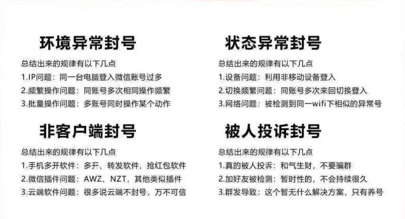 环境异常封号，被人投诉封号，微信号五大封号等级对应排除指标